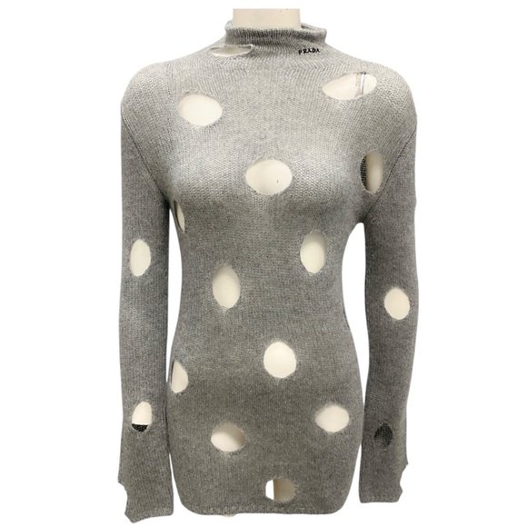 PRADA GREY CUT OUT DETAIL CASHMERE KNIT SWEATER - Picture 1 of 5